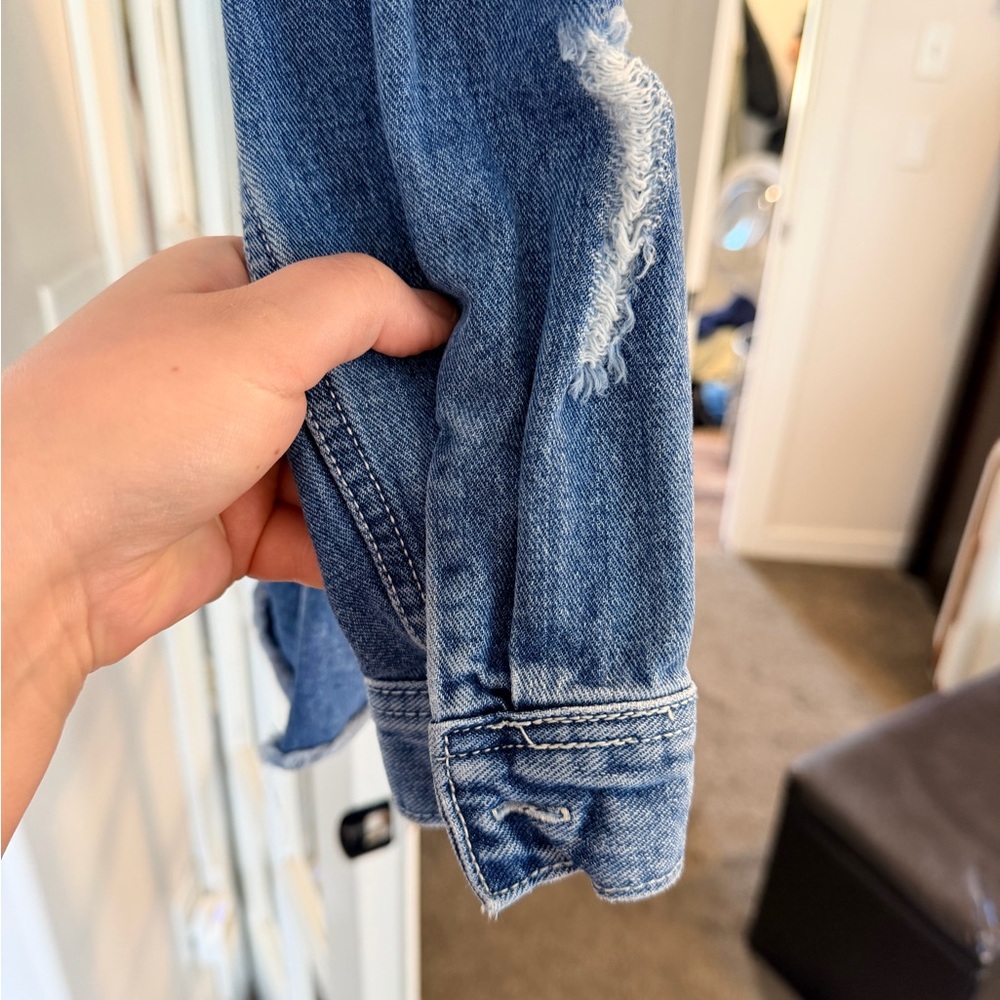 Denim Distressed Button-Front Jacket - Blue - Picture 3 of 4